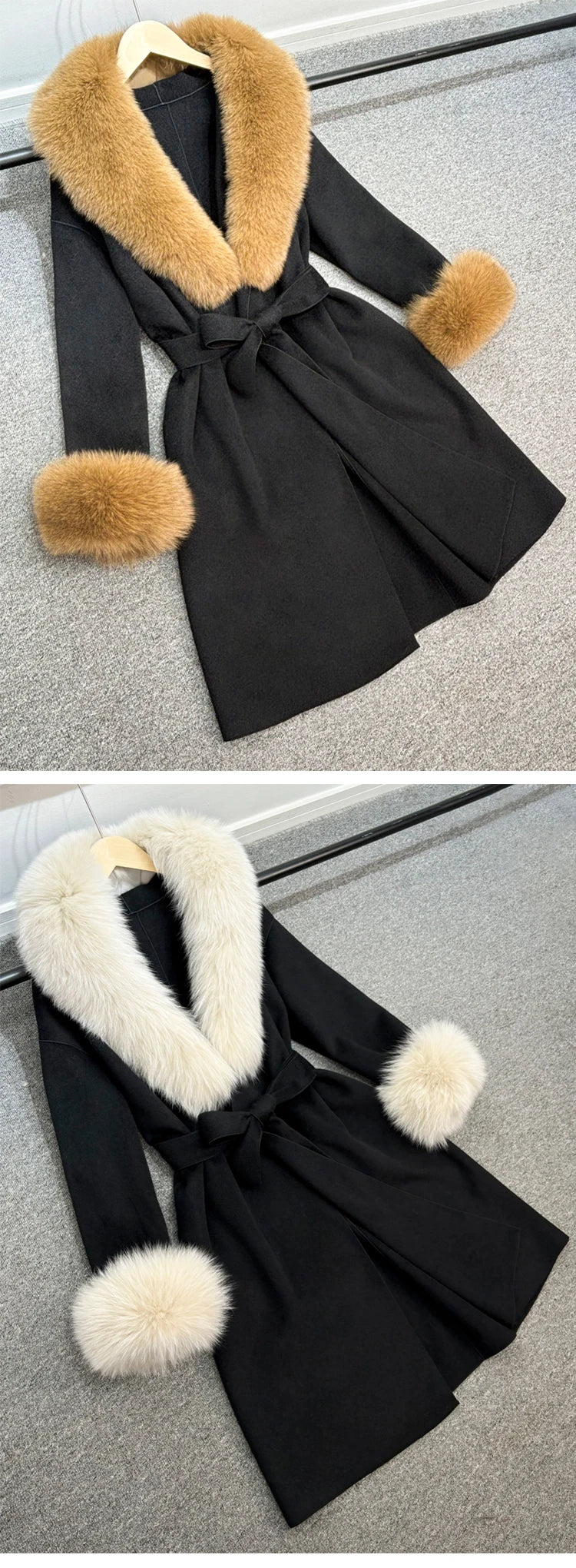 Chic X-Long Cashmere and Wool Jacket with Removable Fur Collar