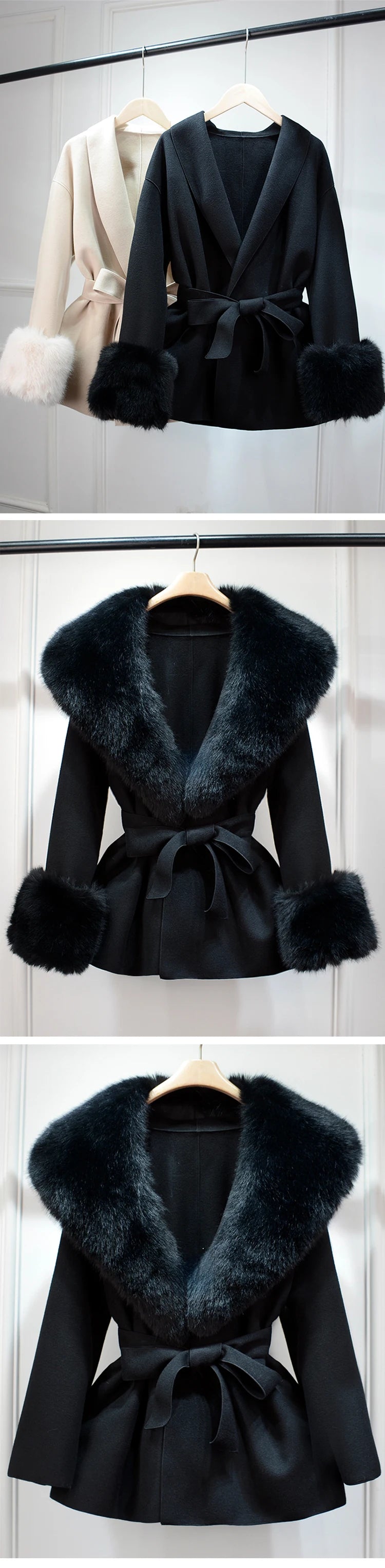 Elegant Cashmere and Wool Jacket with Removable Fur Collar