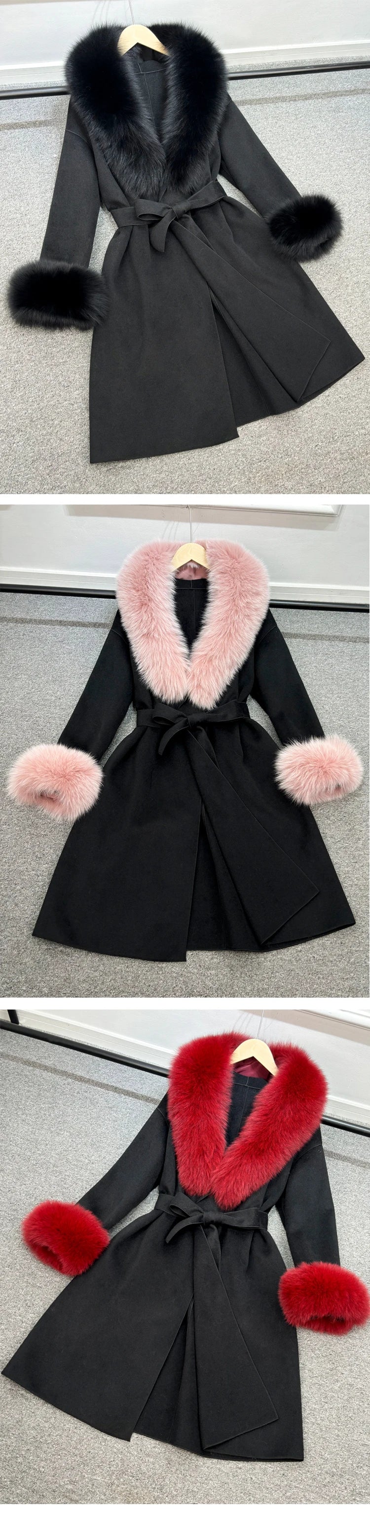 Chic X-Long Cashmere and Wool Jacket with Removable Fur Collar