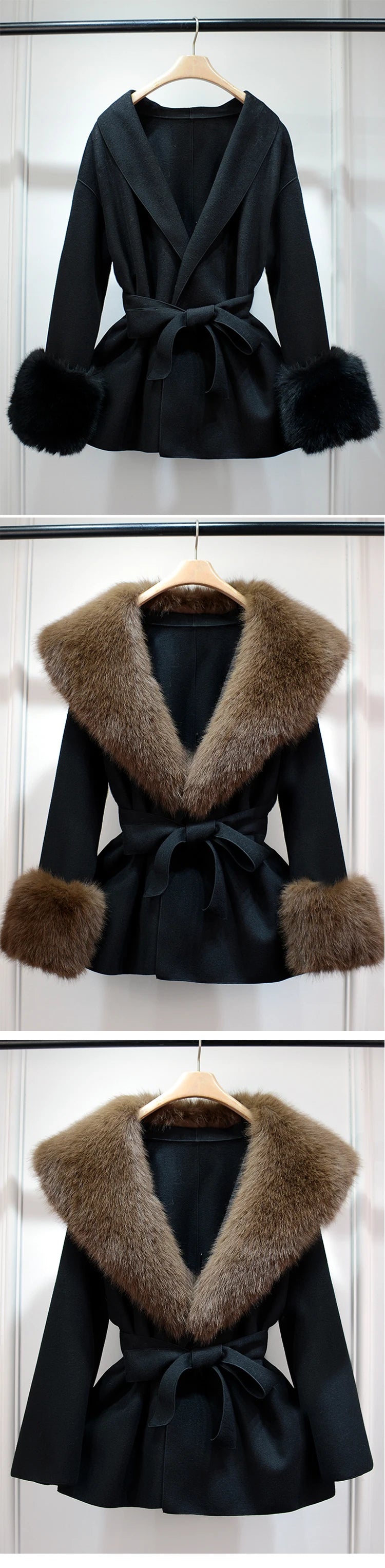 Elegant Cashmere and Wool Jacket with Removable Fur Collar