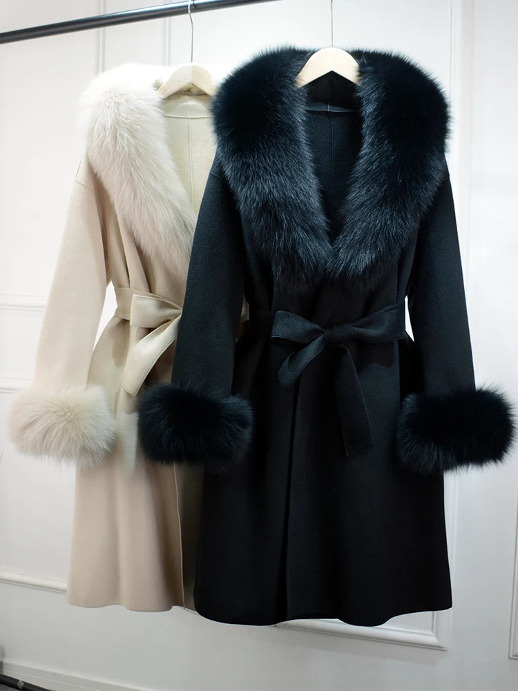 Chic X-Long Cashmere and Wool Jacket with Removable Fur Collar