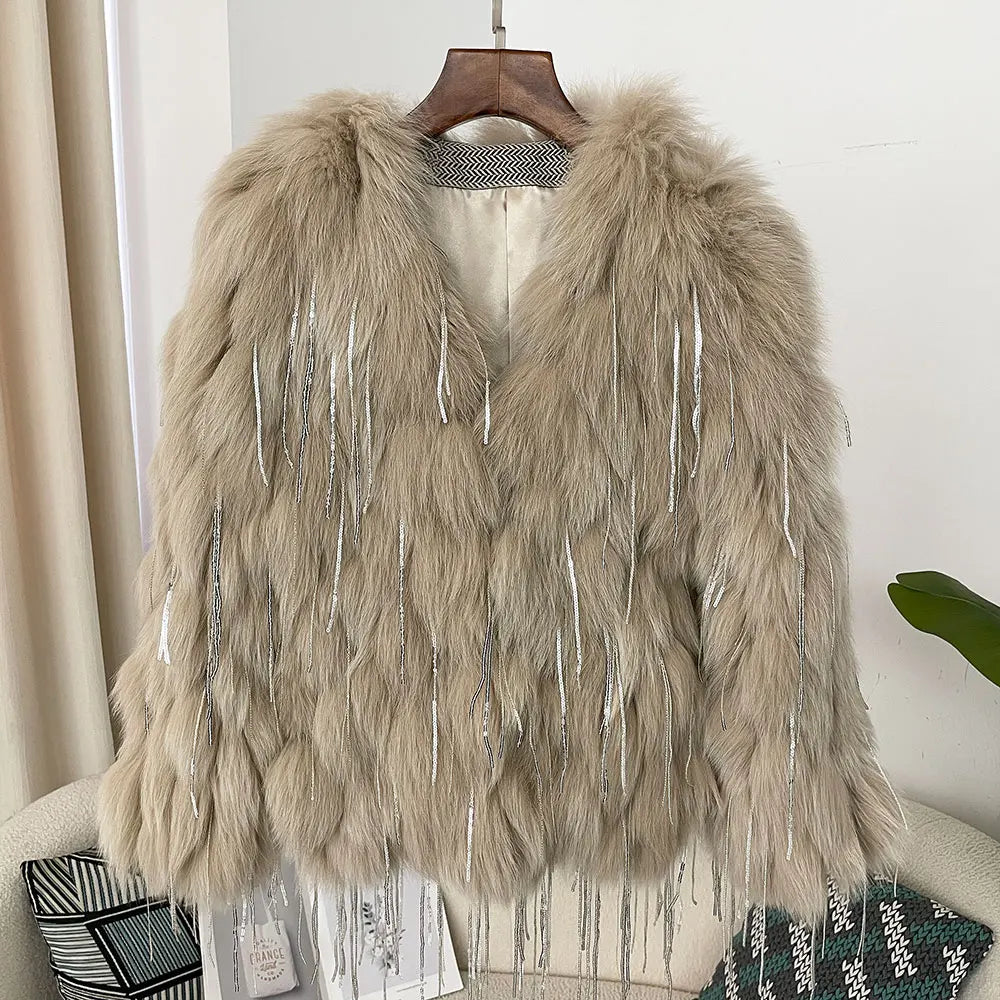 MinkGlam - V-Neck Tassel Jacket for Women