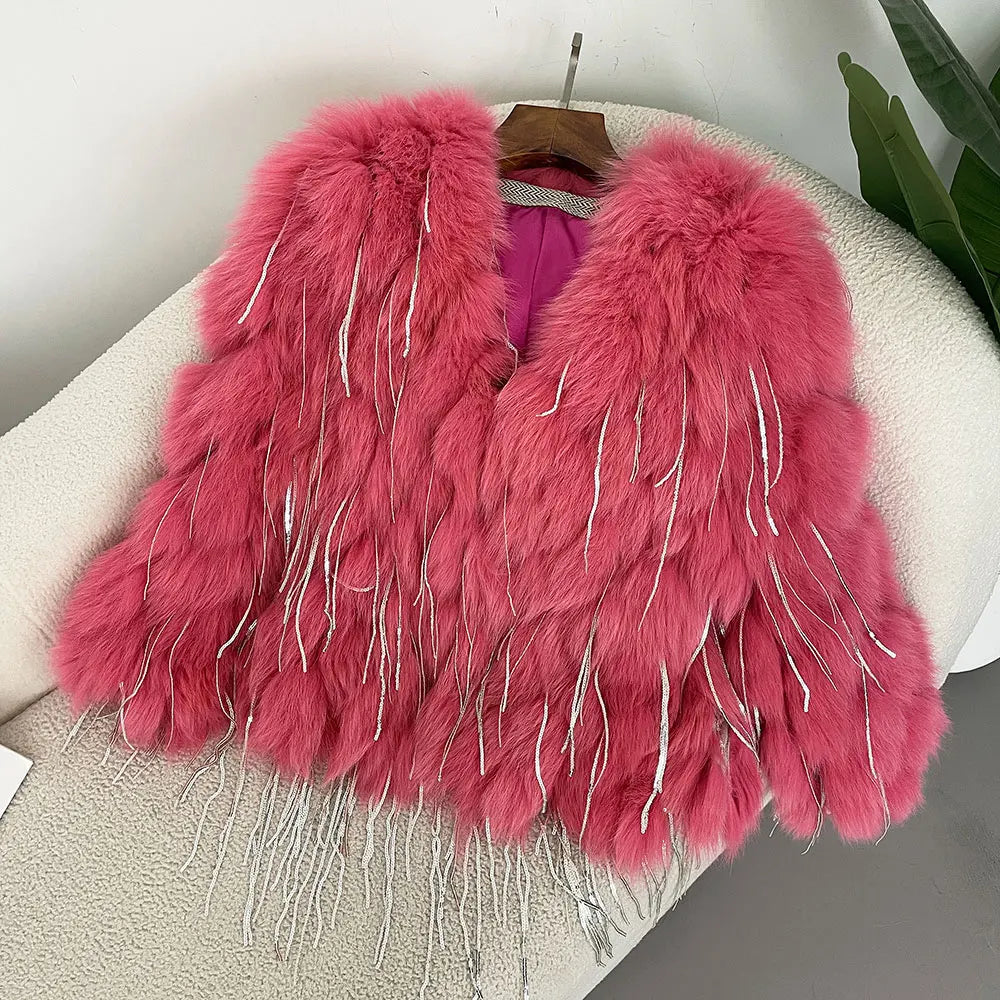 MinkGlam - V-Neck Tassel Jacket for Women