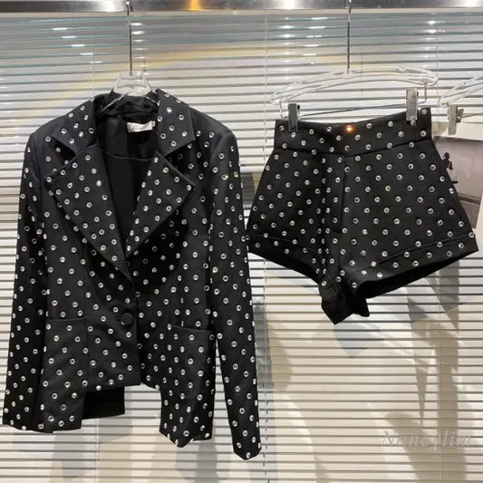 Rhinestone Suit Shorts Sets Women Spring Autumn New Large Crystal Blazer Jacket + Temperament Shorts Two-Piece Suit Slim Outfits