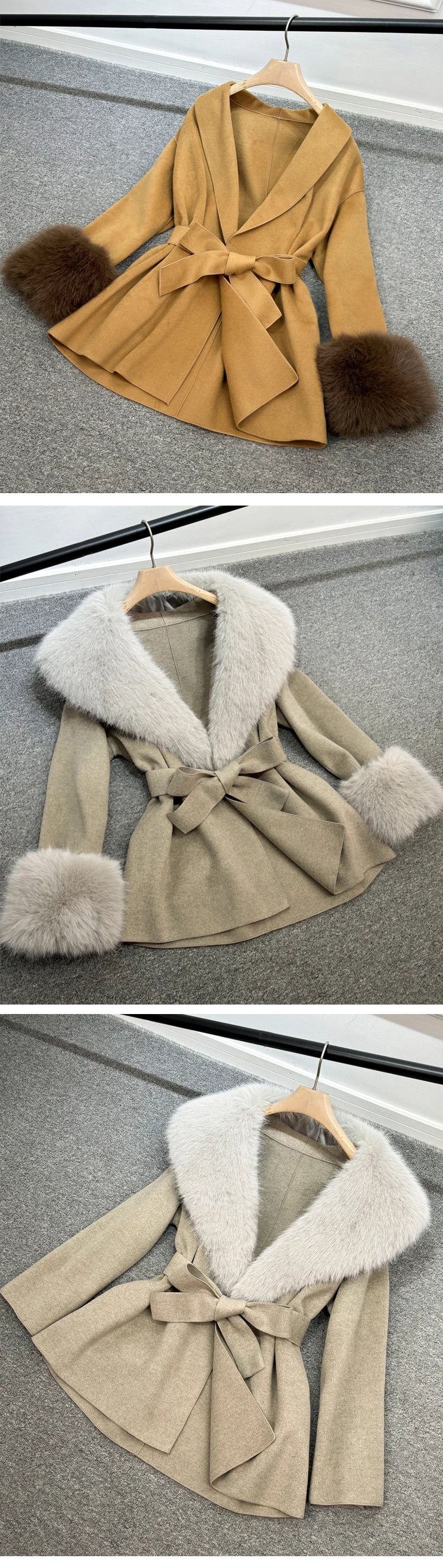 Elegant Cashmere and Wool Jacket with Removable Fur Collar