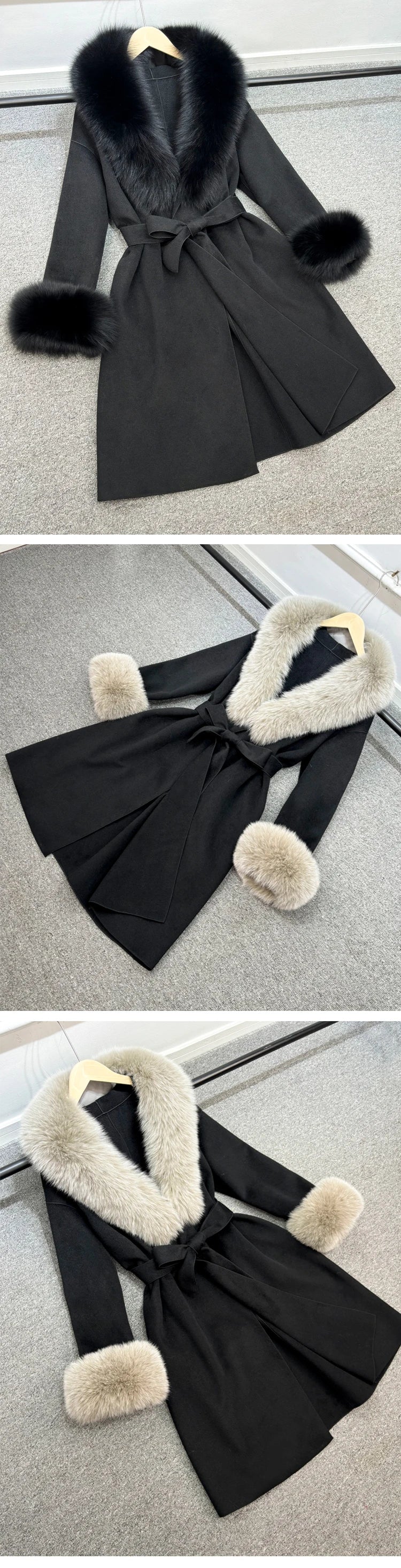 Chic X-Long Cashmere and Wool Jacket with Removable Fur Collar