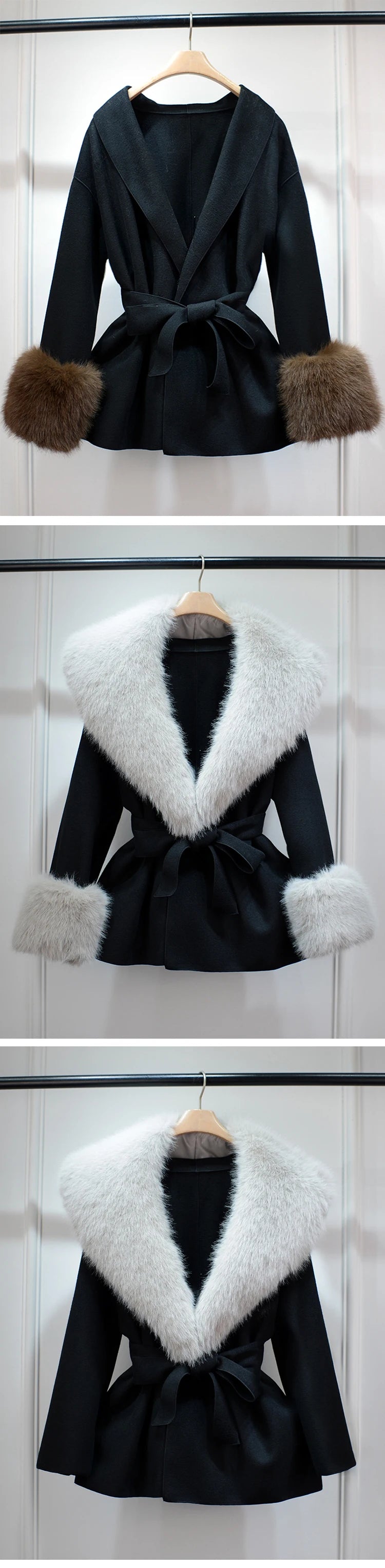 Elegant Cashmere and Wool Jacket with Removable Fur Collar